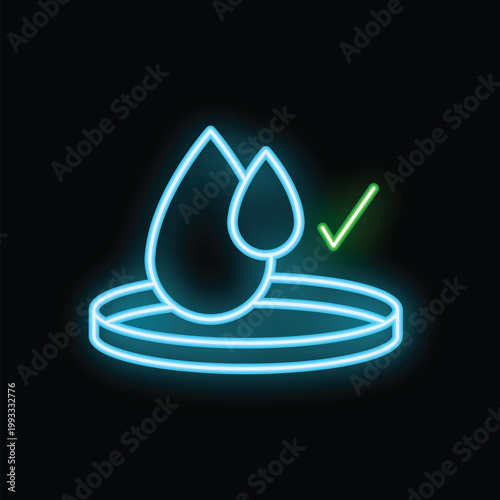 Neon icon of water being tested in a laboratory setting, symbolizing water purity and quality control