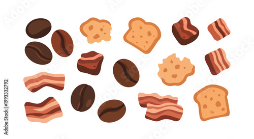 Flat Vector Illustration Set of Breakfast Food Particles with Roasted Coffee Beans Striped Bacon Slices Toasted Bread and Crunchy Cookies Isolated on White Background