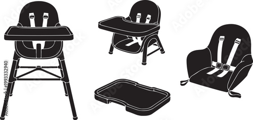 Minimalist black silhouettes of barber chairs and tools