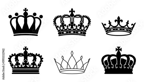 Photography Vintage royal crown silhouettes, set of 6 heraldic monarch icons, black imperial