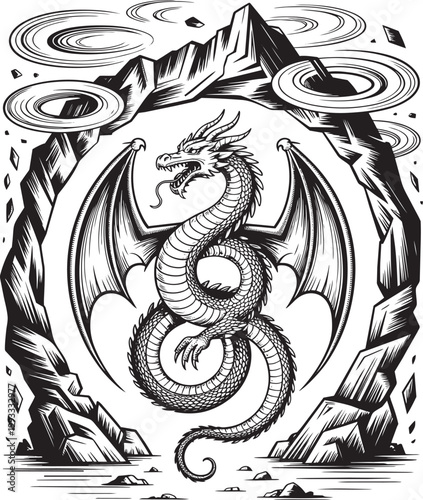 Bold fantasy emblem featuring a dragon in a rugged mountain cave with swirling sky elements in outline style