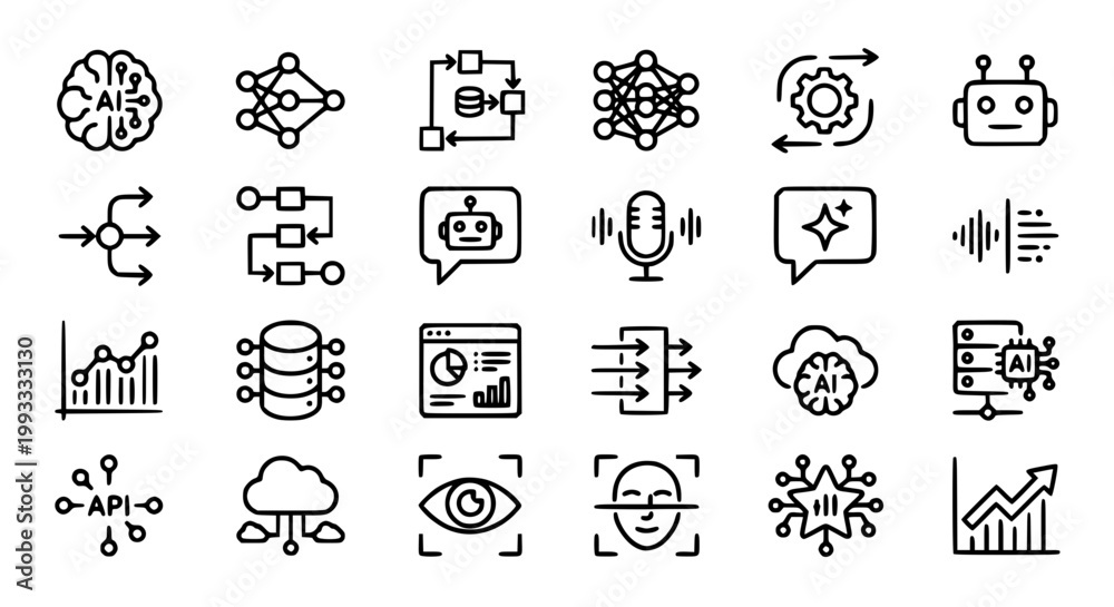 Fototapeta premium Artificial Intelligence Icon Set - AI, Machine Learning, Data, Automation Line Icons
