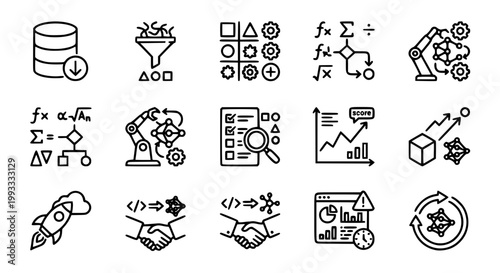 Machine Learning Icon Set - AI Data Processing, Algorithm, Automation Line Icons