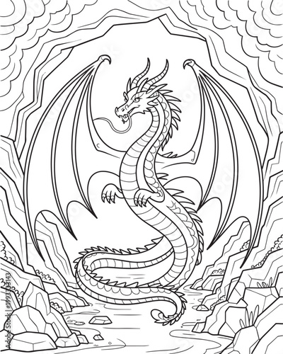 Clean vector style black and white dragon in a cave with a river for coloring pages with coloring page