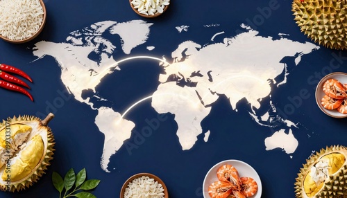 Thai Export Food Flat Lay with Durian Rice Shrimp and Chili