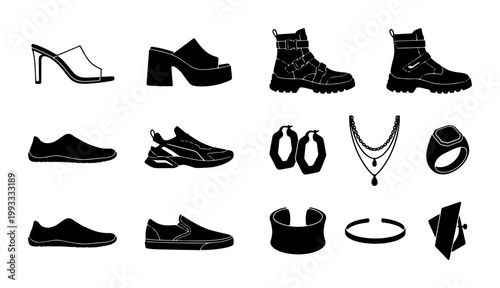 Fashion footwear and jewelry icons set, black silhouette shoes and accessories collection, vector footwear and jewelry elements for retail