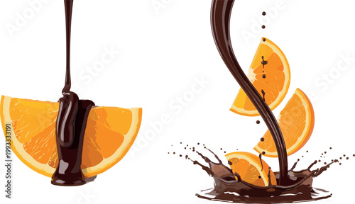 
Fresh orange fruit slices with melted dark chocolate sauce pouring and splashing isolated on white background sweet dessert food vector illustration set