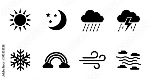 Minimalist weather icon set, black solid meteorology symbols, collection of 8 vector weather signs for mobile apps and forecast interfaces