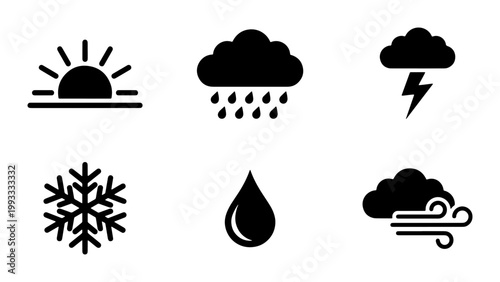 Minimalist weather icon set, black flat vector meteorology symbols, 6 climate elements including sun rain storm and snow for mobile app interface