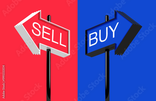 A vector graphic illustration of sell and buy signs on red and blue backgrounds
