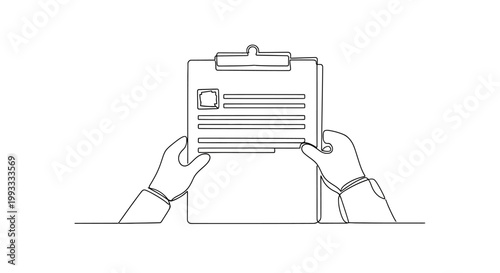 Hands Holding Clipboard with Document, Continuous Line Drawing