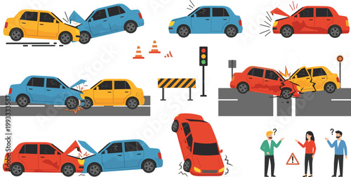 Car accident scenes set with damaged vehicles, collision situations, traffic signs and people characters in flat vector illustration for insurance, safety and road incidents