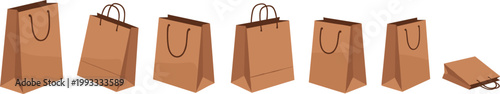 Set of brown paper shopping bags with handles in flat vector illustration isolated on light background for retail, packaging, eco and store design concepts