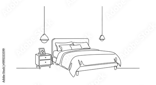 Minimalist Bedroom Line Drawing: Bed, Nightstand, Pendant Lights