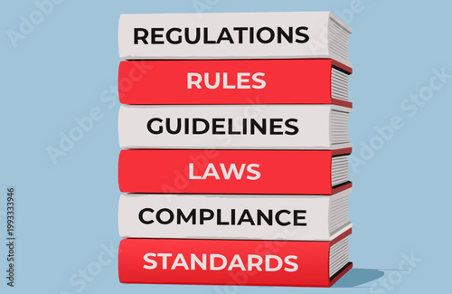 A stack of books with regulations, rules, guidelines, laws, compliance, and standards written on them
