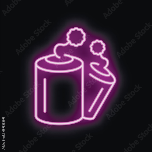 Purple neon sign depicting two smoking battery cells, indicating overheating or malfunction