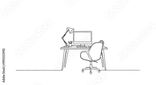 Minimalist home office desk with computer and chair, clean white background, line art