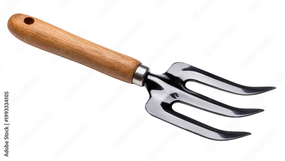 Fototapeta premium Silver three-tined hand garden cultivator with wooden handle