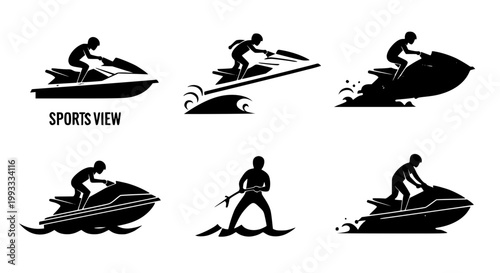Jet ski water sport icons and silhouettes vector collection for travel tourism and summer recreation