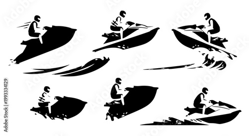 Jet skiing water sport vector set with riders on personal watercraft isolated for summer adventure design