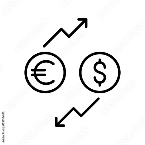 Currency devaluation icon. Business and forex line symbol. Black and white.