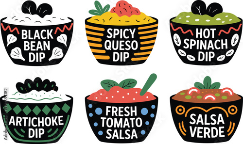 Six colorful dip with food and labels black bean queso
