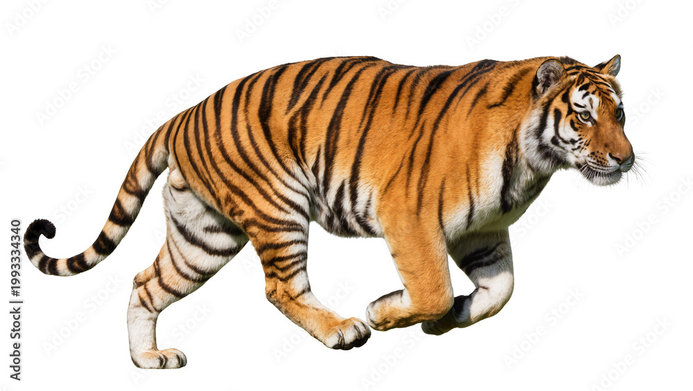 Obraz premium Orange striped Bengal tiger walking with flowing fur and long tail