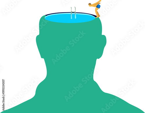 A conceptual flat vector illustration of a human head silhouette with a swimming pool inside and a diver jumping in, representing mindfulness, mental clarity, and diving into the subconscious mind.