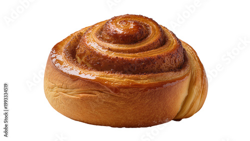 Fotografija Glazed cinnamon swirl bun with golden crust and flaky layers