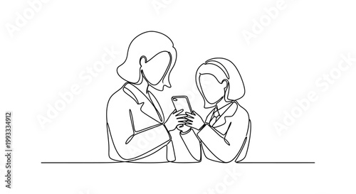 Mother and daughter looking at smartphone together, continuous line drawing
