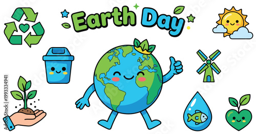 Cute Earth Day illustration featuring eco-friendly symbols and characters, promoting sustainability