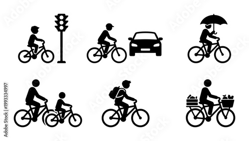Photos Bicycle commuter silhouette icons, cycling safety and urban transportation set,