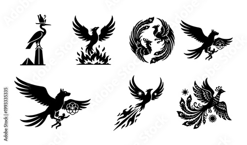 Mythical phoenix bird silhouettes set, black firebird icons collection, ancient egyptian bennu and fantasy eagle emblems, 7 vector graphic elements