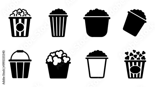 Popcorn icon set with 8 black vector silhouettes, movie theater snack buckets and cinema food containers, minimalist salty snack symbols