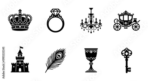 Vintage royal luxury icons set, black silhouette fairytale elements including crown and castle, 8 elegant vector symbols for wedding and jewelry branding