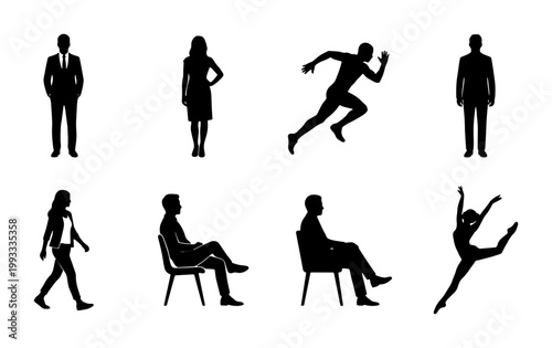 Black silhouette people icons set, diverse human figures in action and business poses, collection of 8 vector silhouettes for infographics and design