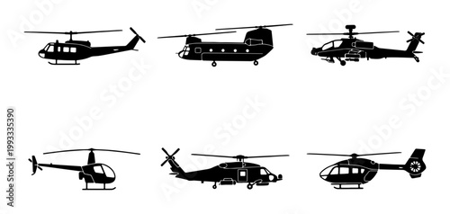 Foto Set of Six Helicopter Silhouettes, Aviation Icons, Military and Civilian Aircraf