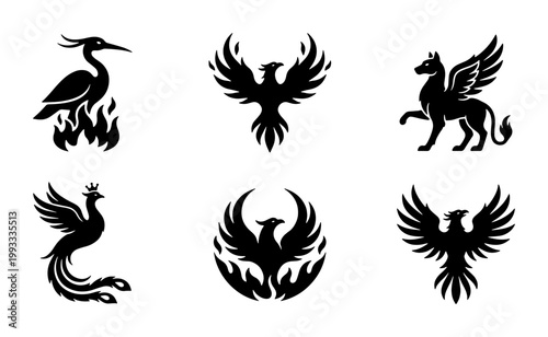 Mythical phoenix and griffin silhouettes, set of 6 legendary bird and creature icons, black heraldic fantasy animal vectors for logo design