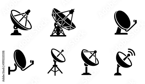 Satellite dish icons set, telecommunication antenna vector collection, black parabolic radar silhouettes for broadcast and space communication technology