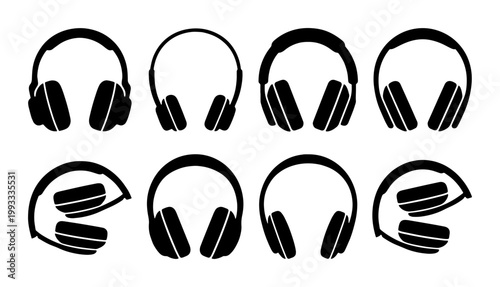 Minimalist black headphone icons set, collection of 8 audio headset silhouettes, modern music equipment vector symbols for podcast and gaming UI