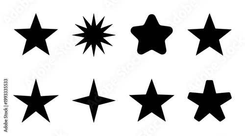 Minimalist black star silhouette icons, set of 8 geometric star shapes, flat vector star symbols for rating and reward UI design elements