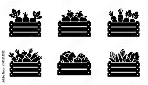 Black silhouette vegetable crate icons, set of 6 wooden boxes with fresh harvest, organic farm produce in crates, garden fruit and vegetable vector