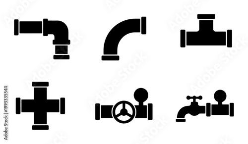 Industrial plumbing pipe icons set, black silhouette water pipeline fittings, 6 vector plumbing system elements with valves and faucets