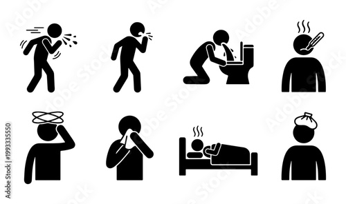 Sickness and flu symptoms icon set, black stick figure people with fever and cold, medical healthcare vector illustrations for patient education