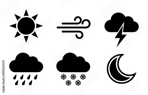 Minimalist weather icon set with 6 black vector symbols, meteorological forecast signs for sun, wind, storm, rain, snow, and moon, flat design UI elements