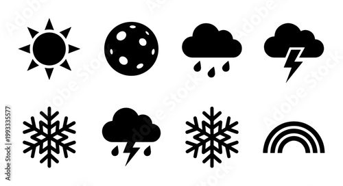 Minimalist weather icon set with 8 black vector symbols, meteorology forecast signs including sun, moon, rain clouds, lightning, snowflakes and rainbow