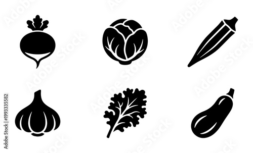 Minimalist vegetable icon set, black solid vector silhouettes of beet cabbage okra garlic kale and zucchini, 6 organic food elements