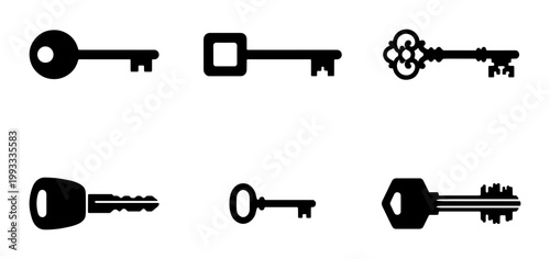 Vintage and modern key icons set, black silhouette door keys collection, 6 vector elements for security and real estate concepts