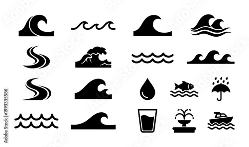 Minimalist ocean wave icons set, black water ripple silhouettes, 16 aquatic nature symbols for weather and nautical design, flat sea vector elements