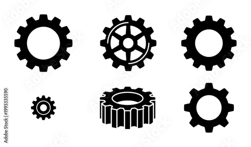 Industrial gear icons set, black mechanical cogwheel vector collection, 6 engineering gear symbols for machinery and technology projects